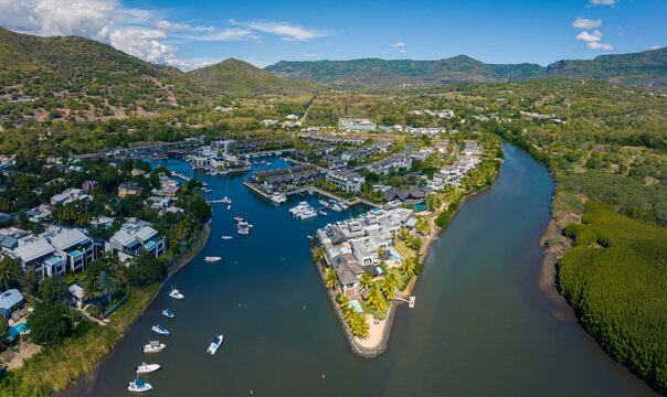 South coast marina in Mauritius island, Trois bras town. Other name is La Balise Marina. This luxury port and villas is in the Noire river estuary.