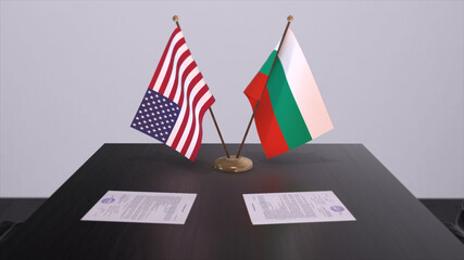 Bulgaria and USA at negotiating table. Business and politics 3D illustration. National flags, diplomacy deal. International agreement