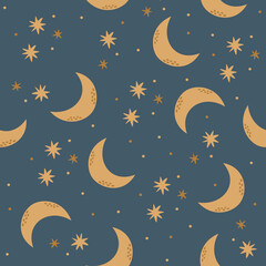 Obraz na płótnie Canvas Seamless vector pattern. Moon, crescent moon and stars. Magical background, night sky 