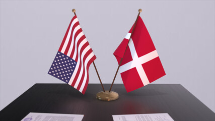 Denmark and USA at negotiating table. Business and politics 3D illustration. National flags, diplomacy deal. International agreement