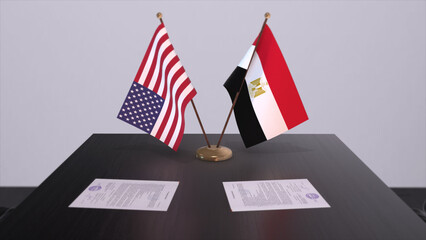 Egypt and USA at negotiating table. Business and politics 3D illustration. National flags, diplomacy deal. International agreement