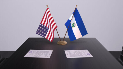 El Salvador and USA at negotiating table. Business and politics 3D illustration. National flags, diplomacy deal. International agreement