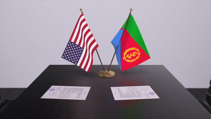 Eritrea and USA at negotiating table. Business and politics 3D illustration. National flags, diplomacy deal. International agreement