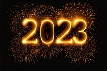 Happy New Year 2023 Text Holiday Graphic with Gold Fireworks Background in Night Sky stock photo New Year's Eve, 2023, New Year, Firework - Explosive Material, Firework Display