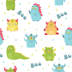Seamless vector pattern. Cute goody-goody monsters, colorful stars. Background pattern for children's products 