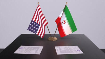 Iran and USA at negotiating table. Business and politics 3D illustration. National flags, diplomacy deal. International agreement