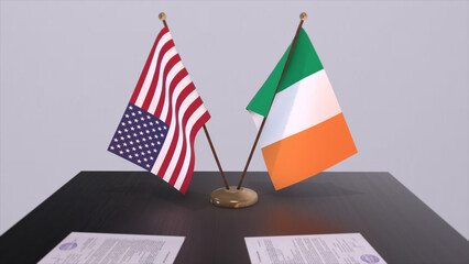 Ireland and USA at negotiating table. Business and politics 3D illustration. National flags, diplomacy deal. International agreement