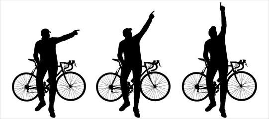 Obraz premium The cyclist leaned on the bike and looks around. A guy in a cap sits on a bicycle frame, with one hand he points the direction to the sides. Bicycle: side view. Man: front view, looking at the camera.