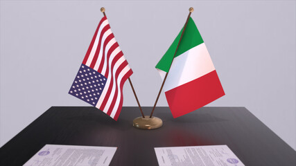 Italy and USA at negotiating table. Business and politics 3D illustration. National flags, diplomacy deal. International agreement