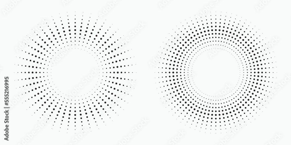 Poster Radial halftone dots in Circle Form. Dotted fireworks explosion background. Starburst round Logo. Circular Design element. Abstract Geometric star rays.