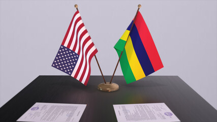 Mauritius and USA at negotiating table. Business and politics 3D illustration. National flags, diplomacy deal. International agreement