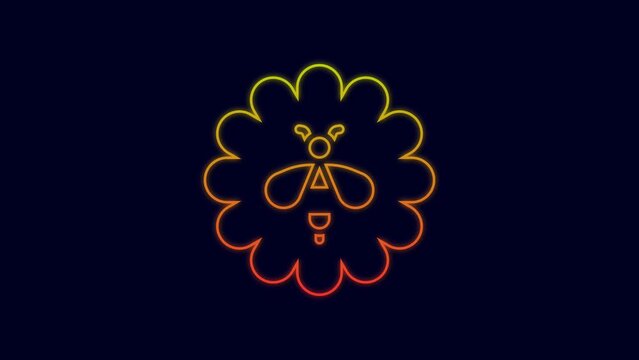 Glowing neon line Bee on flower icon isolated on blue background. Sweet natural food. Honeybee or apis with wings symbol. Flying insect. 4K Video motion graphic animation