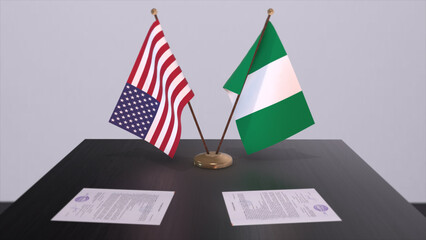 Nigeria and USA at negotiating table. Business and politics 3D illustration. National flags, diplomacy deal. International agreement