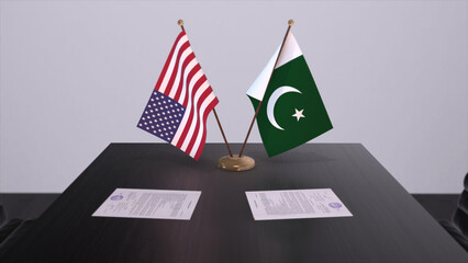 Pakistan and USA at negotiating table. Business and politics 3D illustration. National flags, diplomacy deal. International agreement