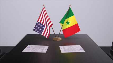 Senegal and USA at negotiating table. Business and politics 3D illustration. National flags, diplomacy deal. International agreement