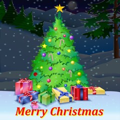 Gorgeous elegant Christmas tree with gifts on a panoramic snow background