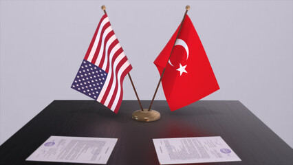 Turkey and USA at negotiating table. Business and politics 3D illustration. National flags, diplomacy deal. International agreement