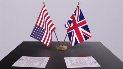 United Kingdom UK and USA at negotiating table. Business and politics 3D illustration. National flags, diplomacy deal. International agreement