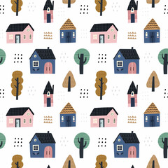Contemporary seamless pattern set with houses and trees