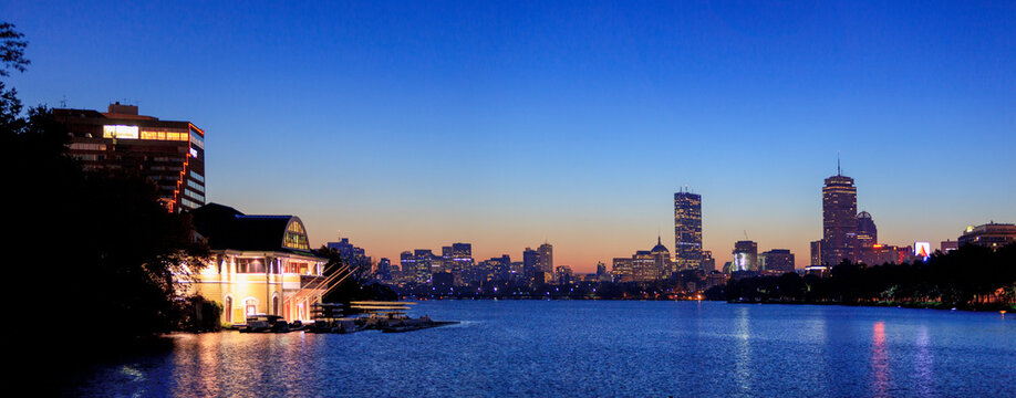Skyline at sunrise on Charles River, Boston, Massachusetts, USA