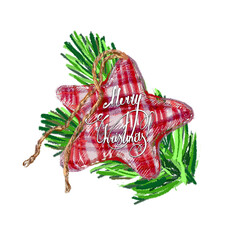 Naklejka premium Christmas drawing. Festive New Year's card. Christmas, retro, pencil drawing. Colorful illustration. A star is a toy for a Christmas tree with an inscription.