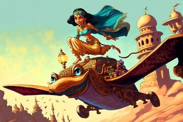Arab girl on a flying car in desert