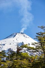 Villarrica volcano with a big column of smoke; Pucon, Chile 