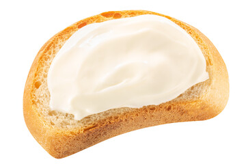 Bread baguette slice with cream cheese atop isolated, top view png
