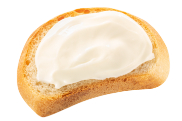 Bread baguette slice with cream cheese atop isolated, top view png