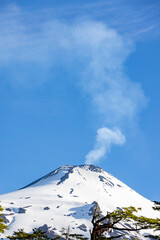 Fototapeta na wymiar Villarrica volcano with a big column of smoke; Pucon, Chile 