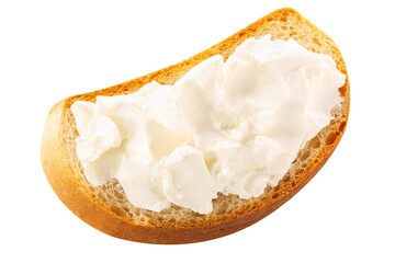 Bread baguette slice with soft cream cheese atop isolated, top view png