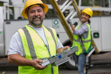 Happy cable lineman with junction box at site