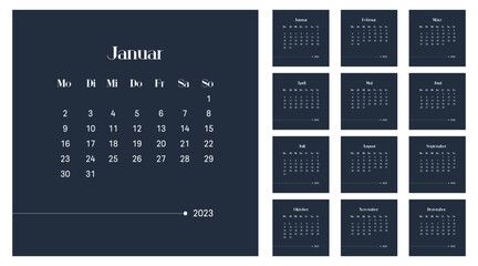 2023 calendar vector design template, simple and clean design. Calendar in German. The week starts on Monday.	