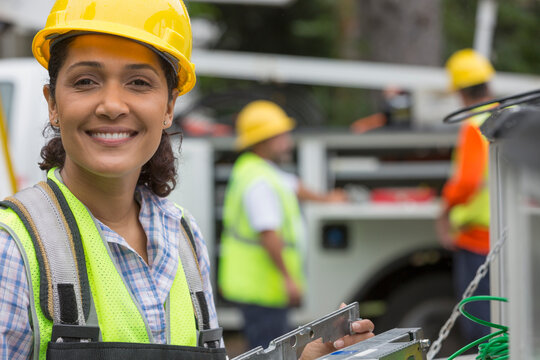 Portrait of happy Hispanic female utility worker working with line amplifiers at site