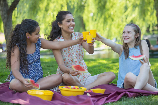 Happy Hispanic family having a picnic in the park