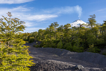Villarrica volcano with a big column of smoke; Pucon, Chile 