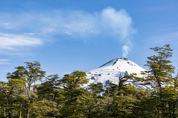 Villarrica volcano with a big column of smoke; Pucon, Chile 