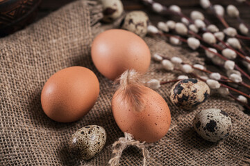 Happy Easter card with natural color eggs, pussy willow branches and feathers on dark wooden background