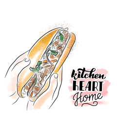Hot dog with greens and a carrot in his hands, lettering, watercolor