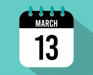13 March calendar icon. Vector black for the month of March with shadow effect