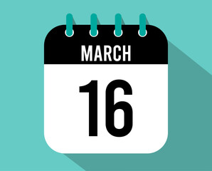 16 March calendar icon. Vector black for the month of March with shadow effect