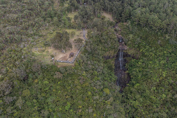 Alexandra Falls Mauritius - aerial view of remote area in the Black River national park on paradise Island of Mauritius with the Waterfall and Alexandra Falls View Point with observation deck 