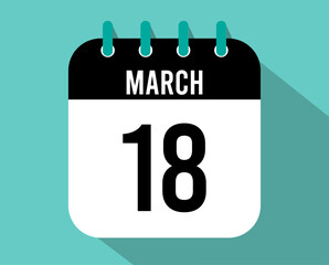 18 March calendar icon. Vector black for the month of March with shadow effect