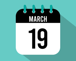 19 March calendar icon. Vector black for the month of March with shadow effect