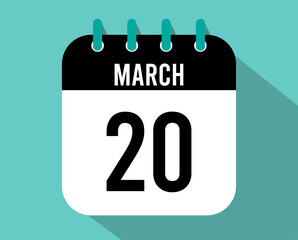 20 March calendar icon. Vector black for the month of March with shadow effect