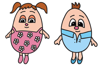 The picture shows two eggs girl and boy in clothes, it is intended for birthday, valentine, cards, clothes printing, etc.