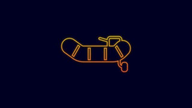 Glowing neon line Inflatable boat with outboard motor icon isolated on blue background. 4K Video motion graphic animation