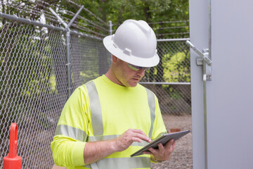 Tradesman in a neon reflective shirt and hard hat uses a tablet in his workplace outdoors