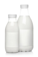 Bottles containing milk drink, isolated on white background