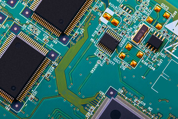 Electronic circuit board close up.	